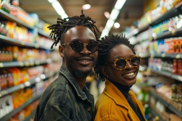 Sticker - Portrait of a smiling afro-american couple in their 30s wearing a trendy sunglasses in front of busy supermarket aisle background