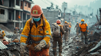 Rescue workers wearing safety gear search through debris after a natural disaster, showcasing their bravery and dedication to saving lives.