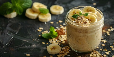 Wall Mural - Vegan banana oat smoothie in glass jar garnished with fresh banana slices. Concept Smoothie Recipe, Vegan Diet, Healthy Lifestyle, Plant-Based Nutrition, Food Presentation