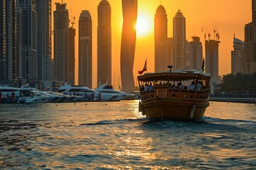 Tourist boat in Dubai Creek at sunset