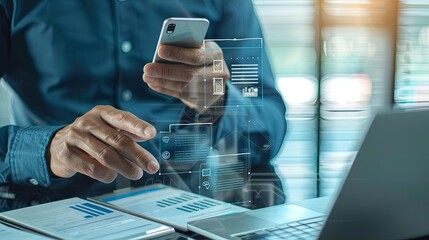Aufkleber - invoice and online digital statements concept. businessman using smartphone with invoice icons on virtual screen