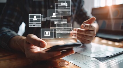 Aufkleber - invoice and online digital statements concept. businessman using smartphone with invoice icons on virtual screen