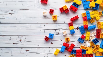 Poster - Colorful Lego blocks on a white wooden background.