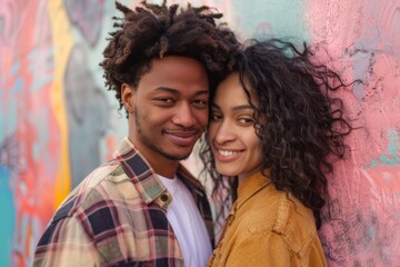 Wall Mural - Portrait of a content mixed race couple in their 20s wearing a comfy flannel shirt in pastel or soft colors background