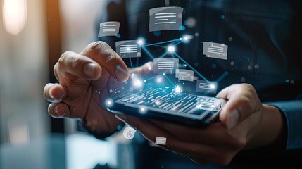 Aufkleber - Invoice and online digital statements concept. Businessman using smartphone with invoice icons on virtual screen