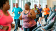 © ciprian - Elderly overweight woman exercising on treadmill with group in gym