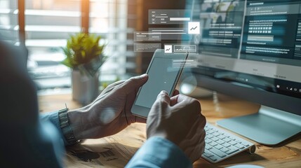 Aufkleber - Invoice and online digital statements concept. Businessman using smartphone with invoice icons on virtual screen