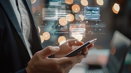 Aufkleber - Invoice and online digital statements concept. Businessman using smartphone with invoice icons on virtual screen