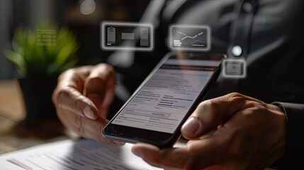 Aufkleber - Invoice and online digital statements concept. Businessman using smartphone with invoice icons on virtual screen