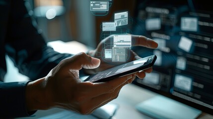 Aufkleber - Invoice and online digital statements concept. Businessman using smartphone with invoice icons on virtual screen