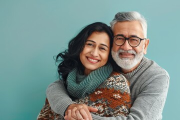 Poster - Portrait of a satisfied indian couple in their 50s dressed in a warm wool sweater in front of pastel or soft colors background