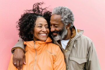 Wall Mural - Portrait of a blissful afro-american couple in their 50s wearing a functional windbreaker while standing against pastel or soft colors background