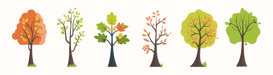 Tree and leaf collection hand drawn flat design element. botanical set of bare trees and ones with leaves and lush limited pastel color