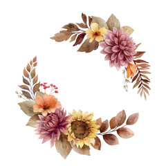Wall Mural - watercolor vector autumn wreath of sunflower, dahlia, branches and leaves. burnt orange, burgundy an