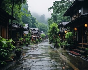 Traditional japanese village street with old wooden houses and rain