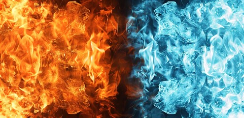  two energies of blue ice and orange fire with burning smoke effect