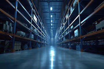 Modern warehouse distribution logistic centre with metallic shelves and cardboxes with no people