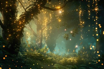 Magic fairy tale night forest fantasy fairy tale scenery with glowing lights