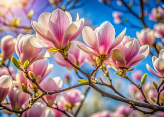 Wall Mural - Delicate pink petals of magnolia flowers unfold on a slender branch against a soft blue sky with gentle focus and warm natural light.