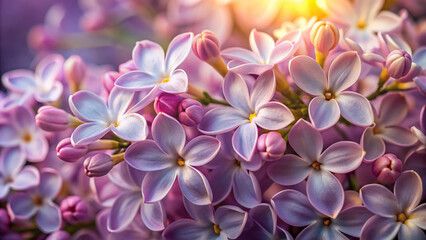 Wall Mural - Delicate, fragrant lilac blooms with soft, pastel petals and golden centers pose against a rich, velvety purple background, filling the frame with serene beauty.