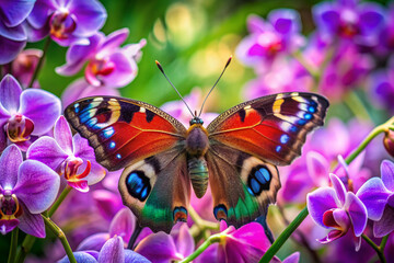 Wall Mural - Vibrant peacock butterfly with iridescent wings rests on delicate purple orchid petals, amidst soft focus lush greenery, showcasing nature's beauty and intricate details.