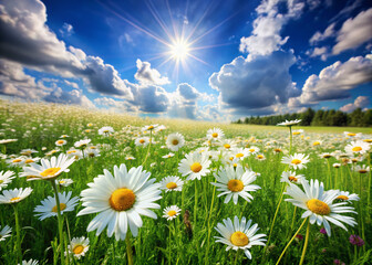 Poster - Beautiful green meadow filled with fresh daisy flowers and chamomile, brightening under sunny summer sky, surrounded by lush green grass and fluffy white clouds.