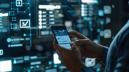 Aufkleber - Invoice and online digital statements concept. Businessman using smartphone with invoice icons on virtual screen