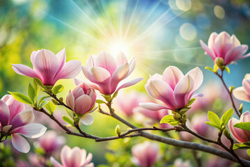 Wall Mural - Vibrant magnolia blossoms unfurl on a sunny spring background, showcasing delicate petals and lush greenery, perfect for Easter or springtime floral concepts with ample copy space.