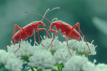 Red bugs mating on white wildflowers.