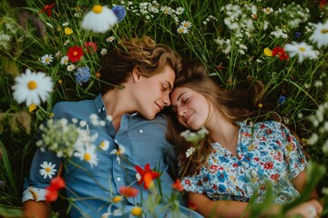 Sticker - Couple lying in grass, embracing in meadow with blooming flowers, sharing romantic and happy moments.