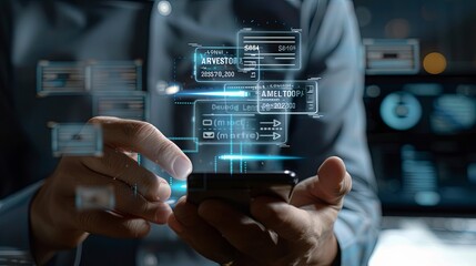 Aufkleber - Invoice and online digital statements concept. Businessman using smartphone with invoice icons on virtual screen