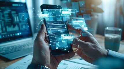 Aufkleber - Invoice and online digital statements concept. Businessman using smartphone with invoice icons on virtual screen