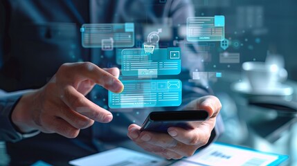 Aufkleber - Invoice and online digital statements concept. Businessman using smartphone with invoice icons on virtual screen