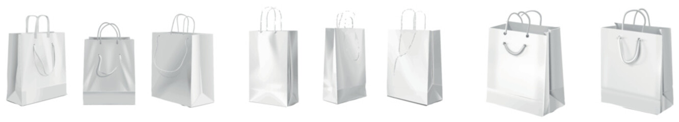 Wall Mural - Mockup of white paper shopping bags with handles. Modern realistic mockup of blank packet isolated on white background. Template for corporate design on cardboard bags.