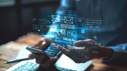 Aufkleber - Invoice and online digital statements concept. Businessman using smartphone with invoice icons on virtual screen