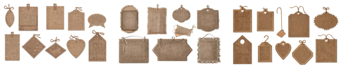 Wall Mural - Isolated white background with jute cloth patches, burlap labels, and stitched foreground from brown canvas material.