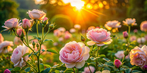 soft pink roses bloom in a serene garden at dawn, warm golden sunrise light casting a romantic glow 