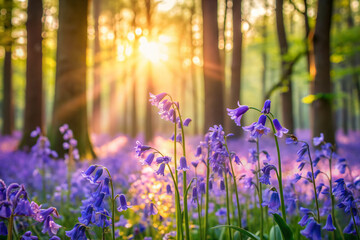 Poster - Dazzling purple bluebells sway gently in warm sunlight, their delicate petals shining against a soft green woodland backdrop with a beautifully blurred atmosphere.