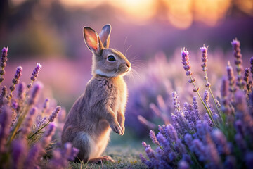 Wall Mural - A serene rabbit stands upright on hind legs amidst a lush purple lavender field, its gentle gaze and soft fur radiate warmth against a dreamy blurred background.