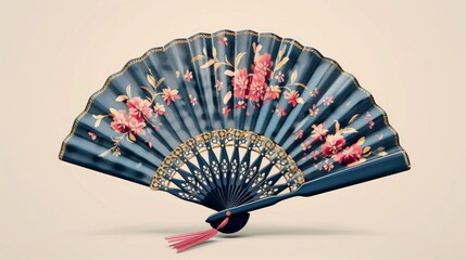 Poster - Illustrate an ornate, hand-painted Spanish fan with floral designs, set against a plain, contrasting background.