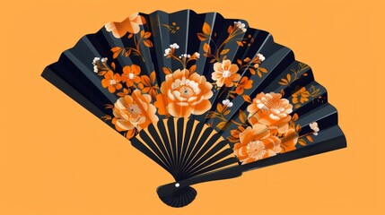 Poster - Illustrate an ornate, hand-painted Spanish fan with floral designs, set against a plain, contrasting background.