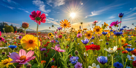 Poster - Vibrant wildflowers of various colors sway gently in the breeze, filling the sun-kissed field with an explosion of brightness and vitality.