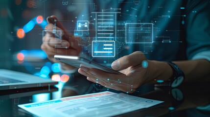 Aufkleber - Invoice and online digital statements concept. Businessman using smartphone with invoice icons on virtual screen 