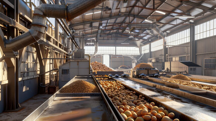 Wall Mural - A bustling fruit processing factory with large quantities of oranges being sorted and processed through industrial machinery, capturing the essence of mass production.