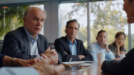 Sticker - A diverse group of professionals engaged in a serious meeting, seated around a large table in a modern office setting.