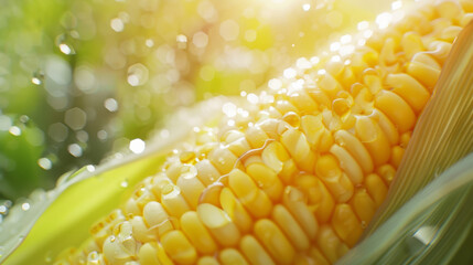 Canvas Print - Golden corn kernels covered in glistening dew are basking in the soft morning light, displaying their vibrant and fresh appeal.