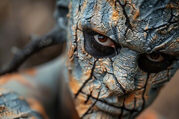 Close-up of a person with intricate and detailed fantasy makeup resembling cracked earthy skin, creating a dramatic and artistic effect.