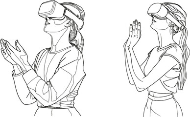 Aufkleber - Young girl with virtual reality glasses device in a minimalist lineart design drawing continuously