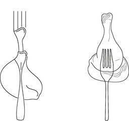 Poster - Animated chicken leg with bone on fork in black color with one continuous line. Self-drawn.
