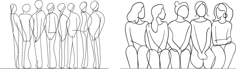 Fototapete - Hand drawn continuous line drawing of diverse people with minimalism. Modern man and woman in a group of five people of different ages and genders.